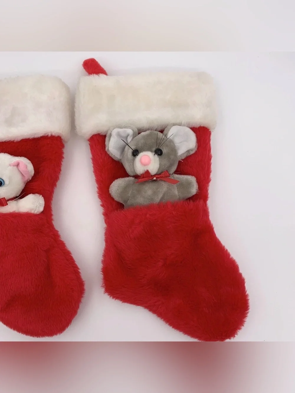 2 Vintage Santa’s Best Christmas Stockings 14” Small Mouse Cat Stuffed Animals.